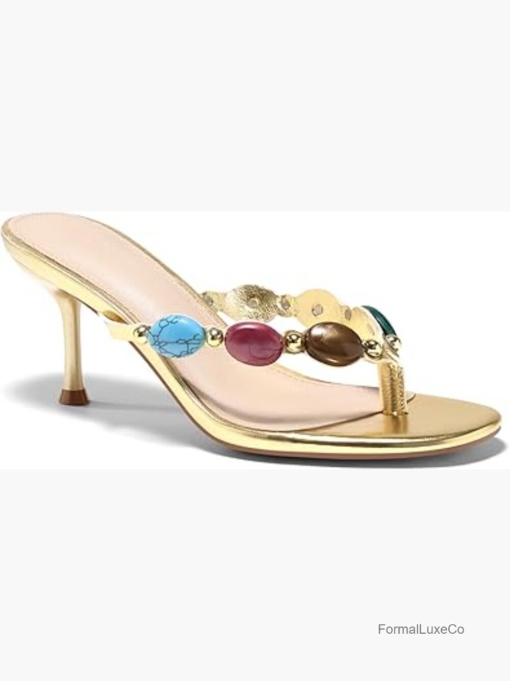 Heeled Sandals Kitten Heel Stilettos Jeweled Flip Flop Slides Beach Boho - Picture 1 of 7